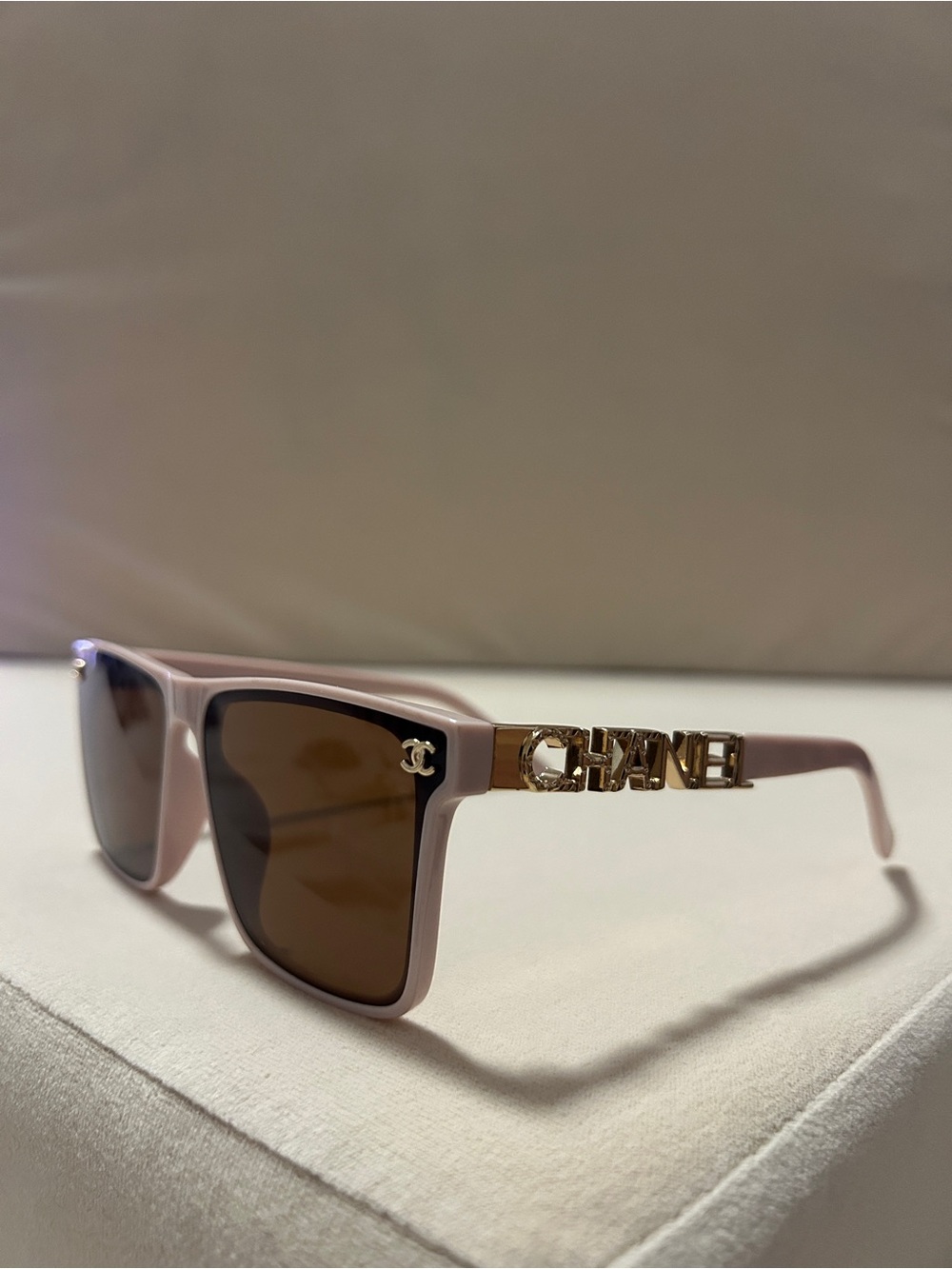 CHANEL Pink Square Sunglasses with Gold Logo Temples and Brown Lenses